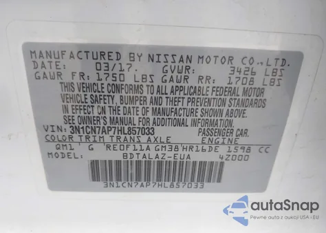 2017 Nissan Versa 1.6 S+ from USA, damaged, VIN 3N1CN7AP7HL857033